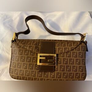 Fendi Brown Monogram Coated Canvas Baguette with Leather and Gold Buckle